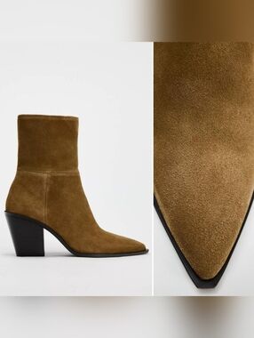 Zara Suede Leather  Mid-Heel Ankle Boots in Olive Brown Size 6